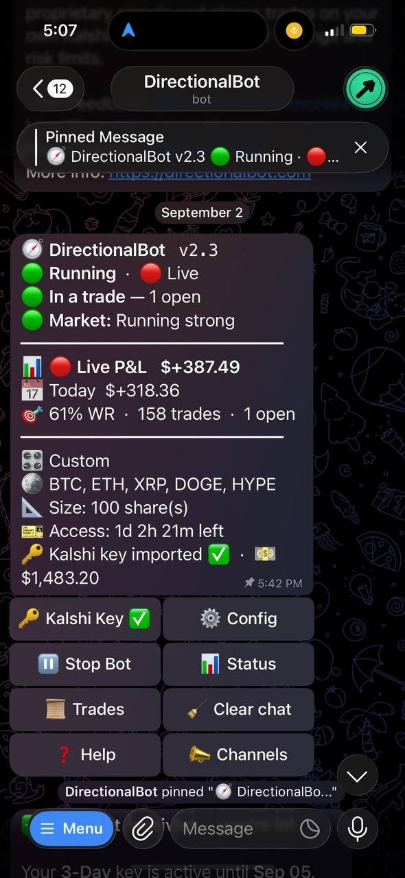 DirectionalBot dashboard in Telegram: running, live, one trade open, P&L, coins, size and controls
